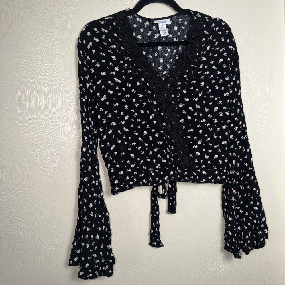Just Polly Cottage Core Peasant Milkmaid Bell Sleeve Floral Crop Womens XL